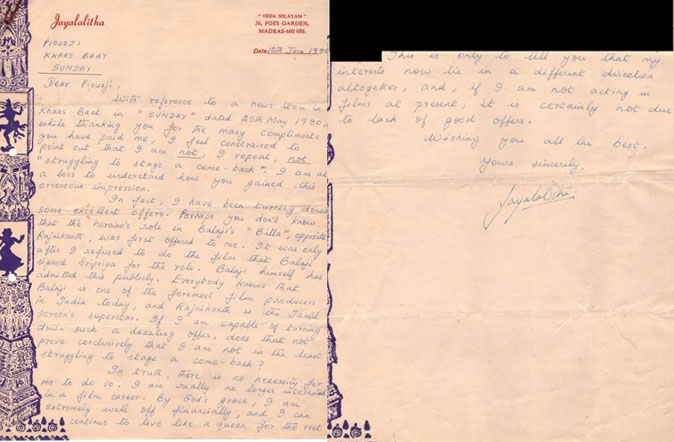 Jayalalitha Letter